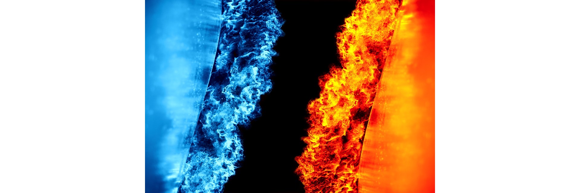 Na sliki s črnim ozadjem je desno oblak oranžnega ognja in levo oblak modrega ognja.  